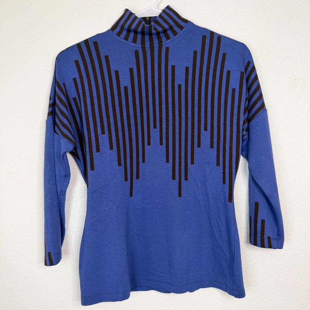 Tracy Reese Blue Brown Geometric Stripe Mock Neck Knit Sweater Top Size S